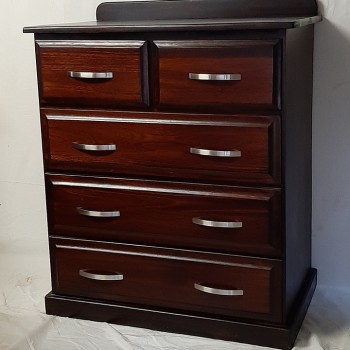 Stained 5 drawer solid saligna chest of drawers on bearing runners
