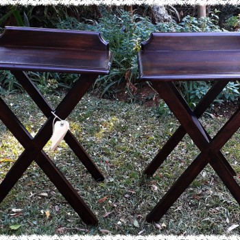 Simple cross leg tables in solid saligna wood, stained dark